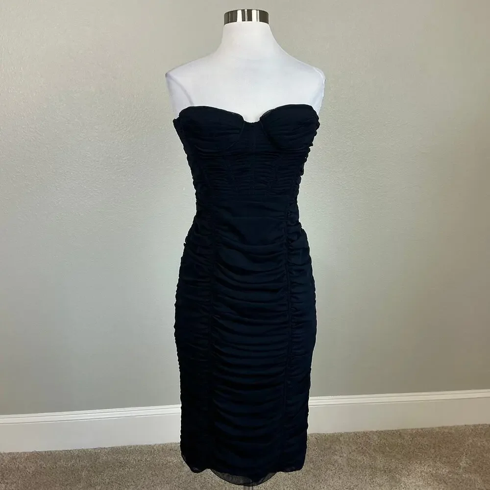 BCBGMAXAZRIA Women's Cocktail Dress Size 8 Blue Strapless Ruched Midi Sheath - Picture 2 of 13